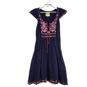 Anthropologie Floreat Embroidered Manisa Dress Gauzy Lined Pockets Floral Navy